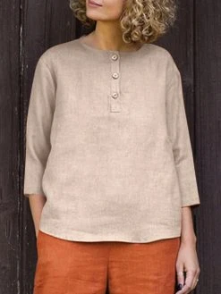 Solid Button Front Casual Crew Neck 3/4 Sleeve Blouse -Zanzea Shop ff85ac97 ad11 4f61 9fe2 9f6dd5b3846f