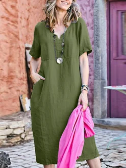 Women Solid Notched Neck Cotton Short Sleeve Dress -Zanzea Shop ff8c73ef 7114 4fec 9470 880de072c007