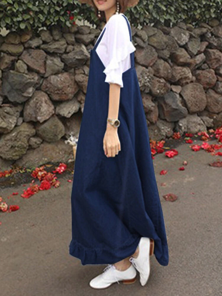 Denim Ruffle Straps Button Sleeveless Plus Size Maxi Dress 8 Denim Ruffle Straps Button Sleeveless Plus Size Maxi Dress - Image 8