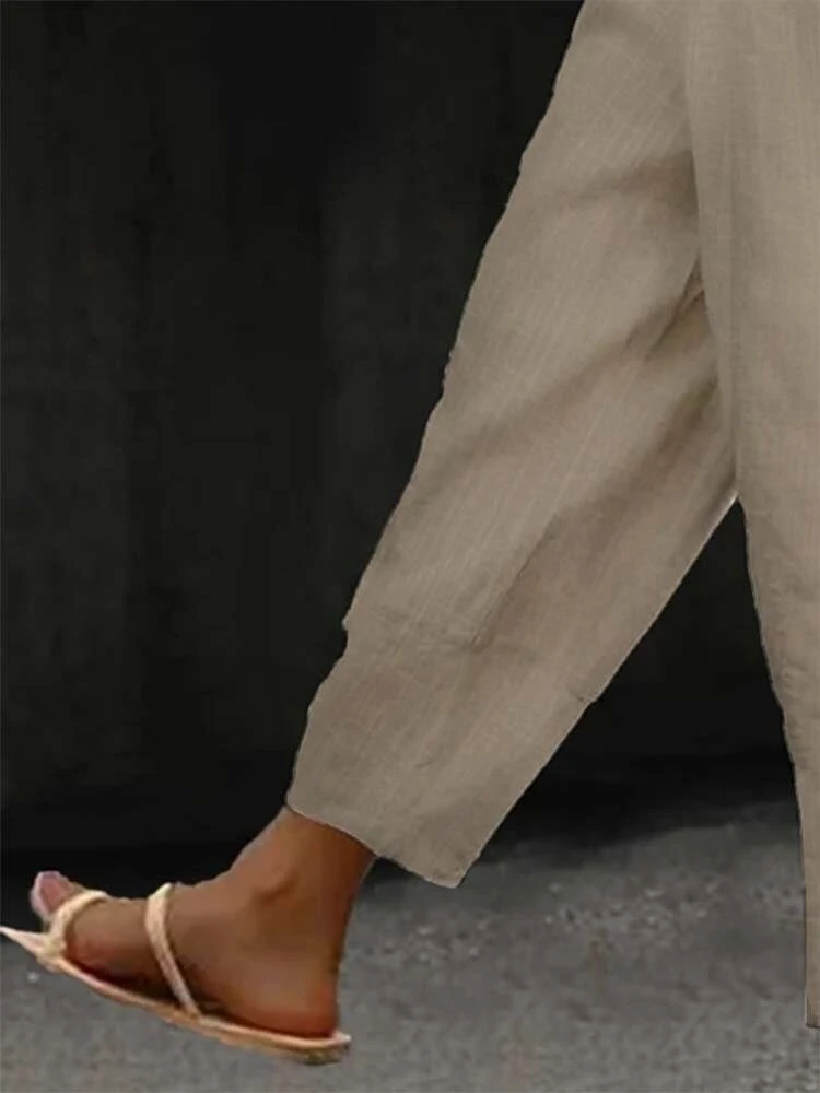 Women Solid Side Split Button Cuff Cotton Cropped Pants 7 Women Solid Side Split Button Cuff Cotton Cropped Pants - Image 7