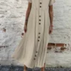 Women Plain Texture Button Front Cotton Short Sleeve Dress